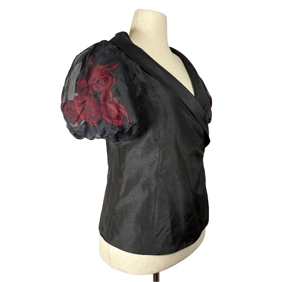 Victor Costa Black Wrap Top w/ Sheer Puff Sleeves & 3D Rose Detail | Size 10 - Picture 2 of 10